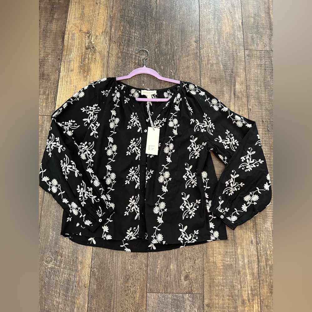 Black Embroidered Floral Peasant Blouse